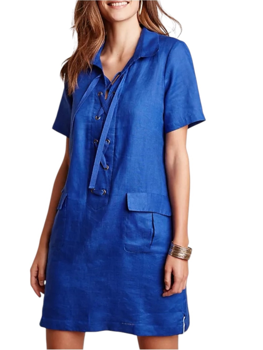 Anthropologie Maeve Sz 6 Royal Blue Lace-Up Short-Sleeve Linen Pockets Dress